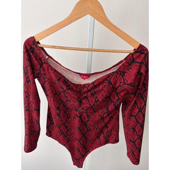 Guess Bodysuit M Red Snake-Print Deep V Sweetheart Neckline Cutout Y2K Clubwear - Picture 11 of 16